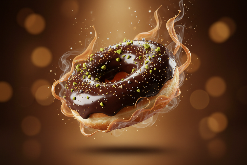 generate a cinematic image of donut with chocolate cover on top of it and sparkles or small pieces of pistachio on it. The donut on air and flavour in background
